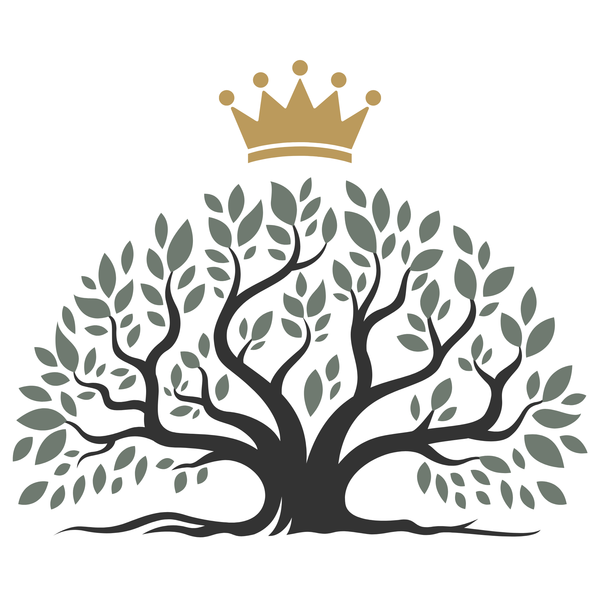 Stylized black tree with many leaves topped by a gold crown.