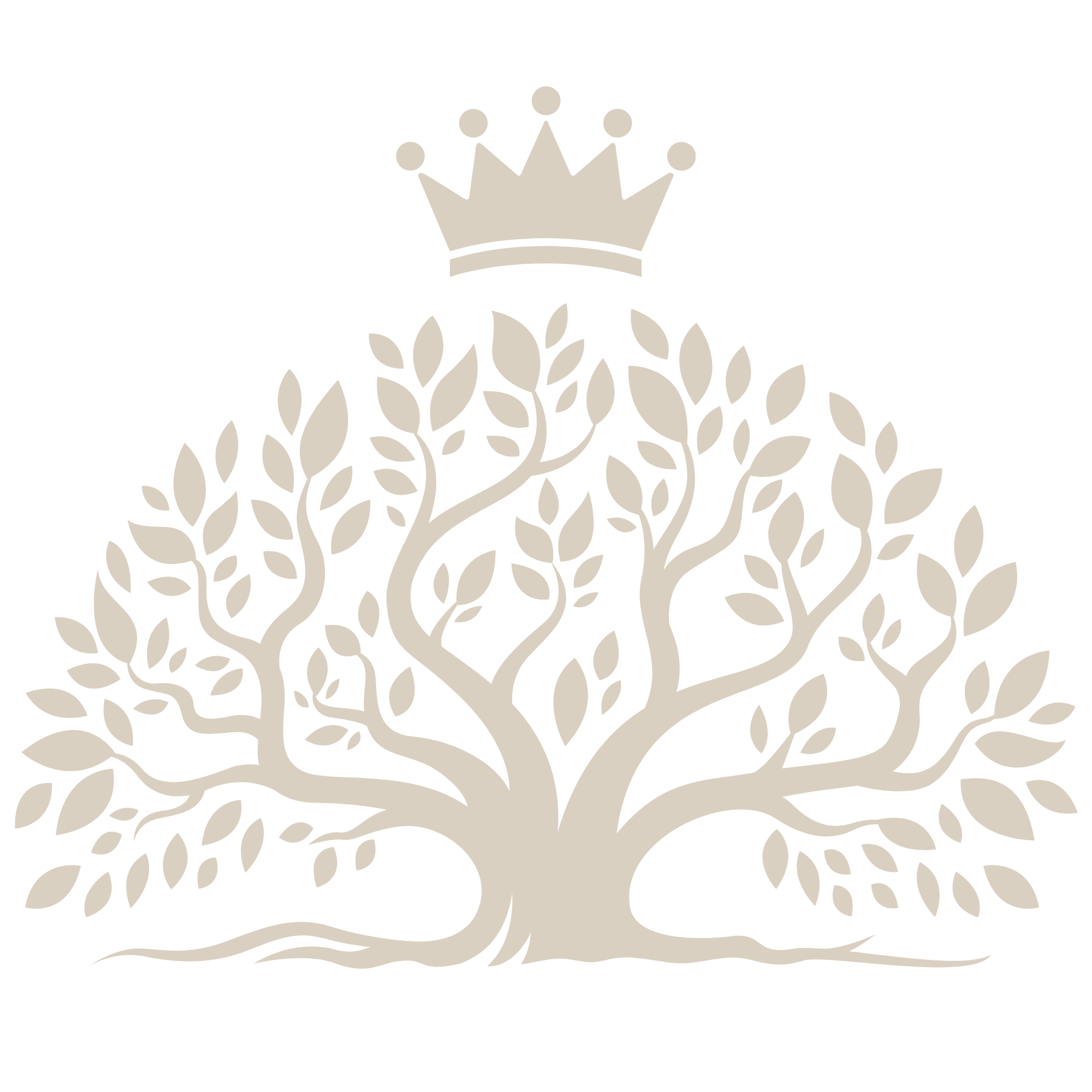 Stylized tree with many leaves and a crown placed above the branches on black background.